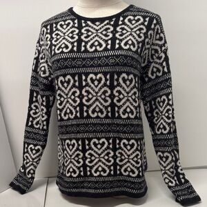 J. Jill Black & Cream Heart Pattern Winter Sweater XS 18” pit-to-pit wool blend